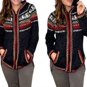 Peruvian Alpaca Wool Green Llama Patterned Full Zip Hooded Sweater M